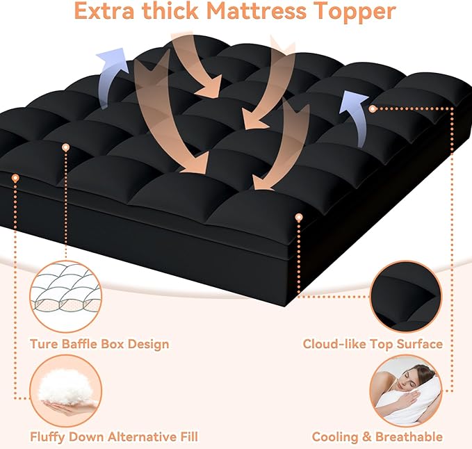 Topllen Twin Mattress Topper for Back Pain Relief, Extra Thick Pillow Top Plush Mattress Pad with Deep Pocket, Soft Pillowtop Twin Size Bed Toppers Filled Fluffy Down Alternative, Black
