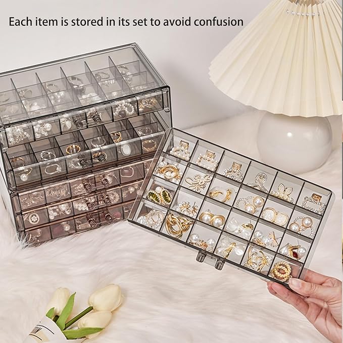 Earring Storage Box Organizer 3 Drawers Acrylic Jewelry Storage Box Holder Transparent Jewelry Display Stand with 72 Cells Gift for Women Girls - Image 4
