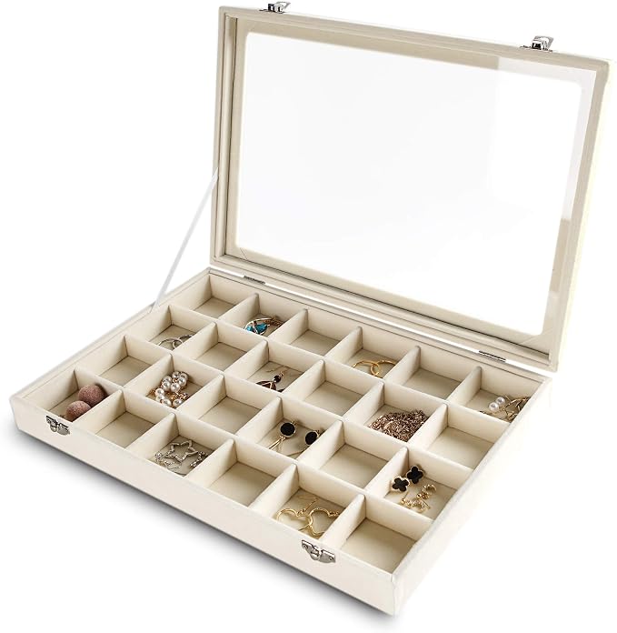 Frebeauty 24 Grid Earring Holder Organizer Tray, Jewelry Organizers and Storage for Drawer,Velvet Jewelry Display Storage for Earrings,Rings,Studs,10.5 x 6.5 x 1.2 Inches Gift for Women (Beige) by Frebeauty