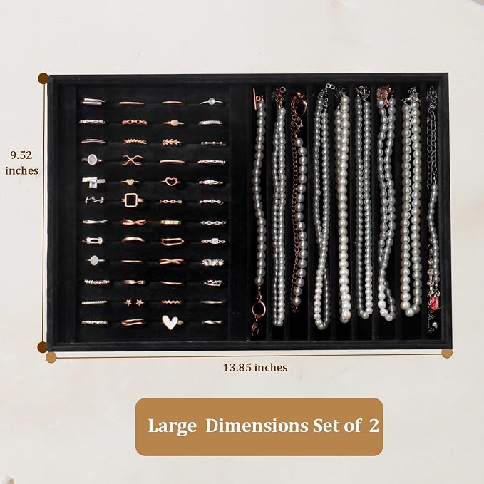 Large Velvet Jewelry Tray 2 Pack Stackable Jewelry Display Drawer Inserts Trays Organizer for Earring Bracelet Necklace Ring (Black, Ring and 9 Grids) - Image 4