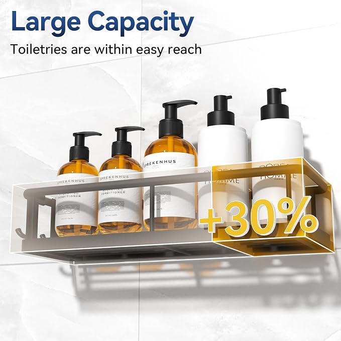 YASONIC Shower Caddy Adhesive, No Drill Bathroom Shower Organizers, with Removable Hooks and Soap Holder, Rust Proof Shower Shelves, Wall-Mounted Shower Holder, 3 Pack, Black - Image 4