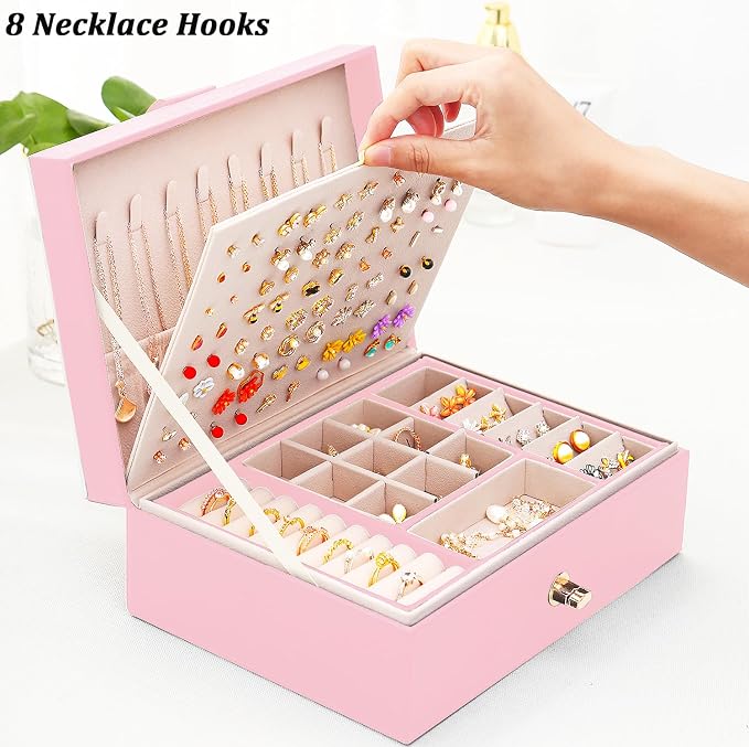 Earrings Jewelry Box for Girls, Large Capacity Jewelry Organizer with 40-Pair Earring Board, 2-Layer Leather Jewelry Storage Box for Necklaces Rings Bracelets with Removable Tray(Gift Idea),Pink - Image 7