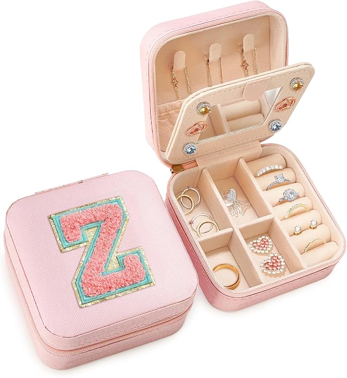 SANDJEST Personalized Jewelry Box, Pink Travel Jewelry Box with Initial Z, Small Monogrammed Jewelry Case Organizer for Girls Women Teen Kids, Mini Travel Essentials Gifts for Birthday Christmas by SANDJEST