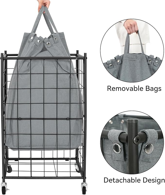 WOWLIVE Laundry Hamper with Wheels,Metal Wire Frame Rolling Laundry Basket with Removable bag,100L Dirty Clothes Hamper Organizer Dorm Room Storage for Bedroom,Bathroom,Grey - Image 6
