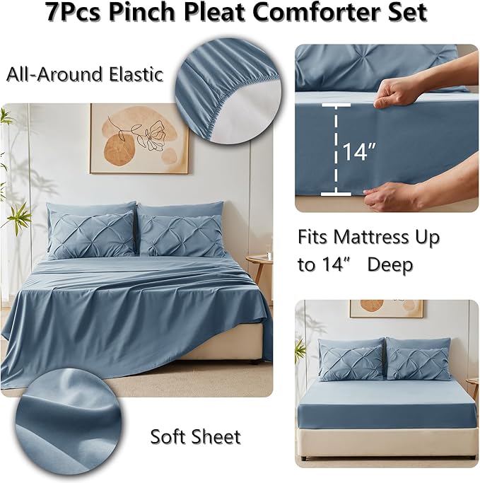 CozyLux California King Comforter Set Mineral Blue, 7 Pieces Cal King Pintuck Bed in A Bag, Pinch Pleat Bedding Sets with All Season Comforter, Flat Sheet, Fitted Sheet, Pillowcases & Shams