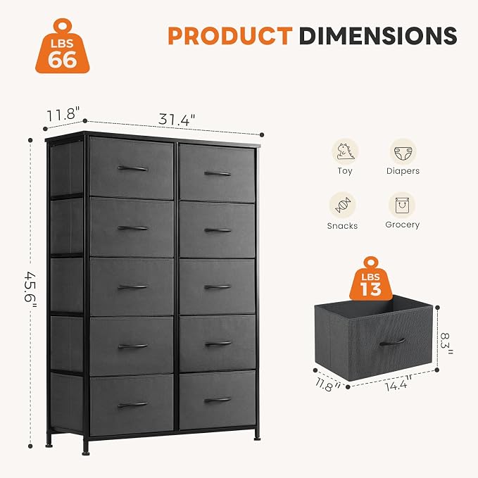 Sweetcrispy 10 Drawer Dresser, Tall Fabric Dresser for Bedroom, Storage Tower with Bins Chest Organizer Unit for Closet, Hallway, Steel Frame Wood Top, Easy Pull Handle, Grey - Image 3