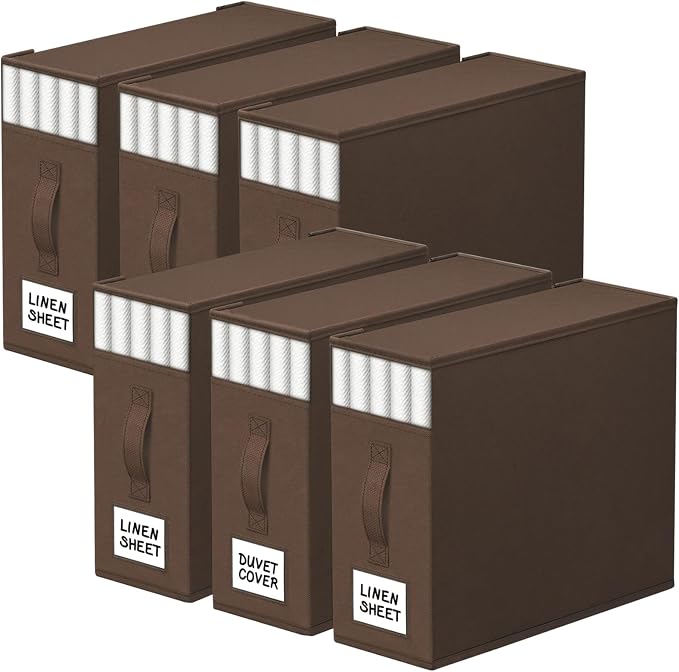 StorageTastic 6 Pack Bed Sheet Closet Organizers and Storage,Sturdy Foldable Storage Containers with Window and Label,Storage and Organization for Bedding Sheets,Duvet Covers,Blankets (Brown) by StorageTastic
