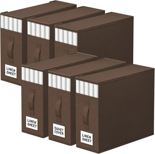 StorageTastic 6 Pack Bed Sheet Closet Organizers and Storage,Sturdy Foldable Storage Containers with Window and Label,Storage and Organization for Bedding Sheets,Duvet Covers,Blankets (Brown) by StorageTastic