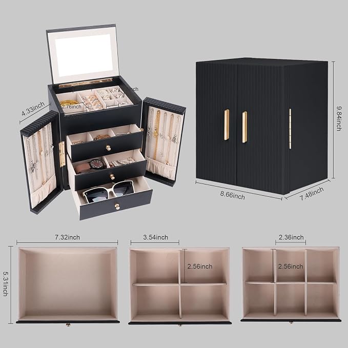 Dajasan Large Jewelry Box for Women, Jewelry Organizer Box with 3 Drawers, Jewelry Storage Organizer with Mirror for Necklace Ring Bracelet Watch, Gift Idea, 8.7 x 7.5 x 9.8 Inches (Black) - Image 2