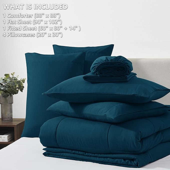 CozyLux Queen Comforter Set Lyons Blue, 7 Pieces Bed in a Bag, Blue Comforters Queen Size, All Season Bedding Sets with Stitch Quilted Comforter, Flat Sheet, Fitted Sheet, Pillowcases