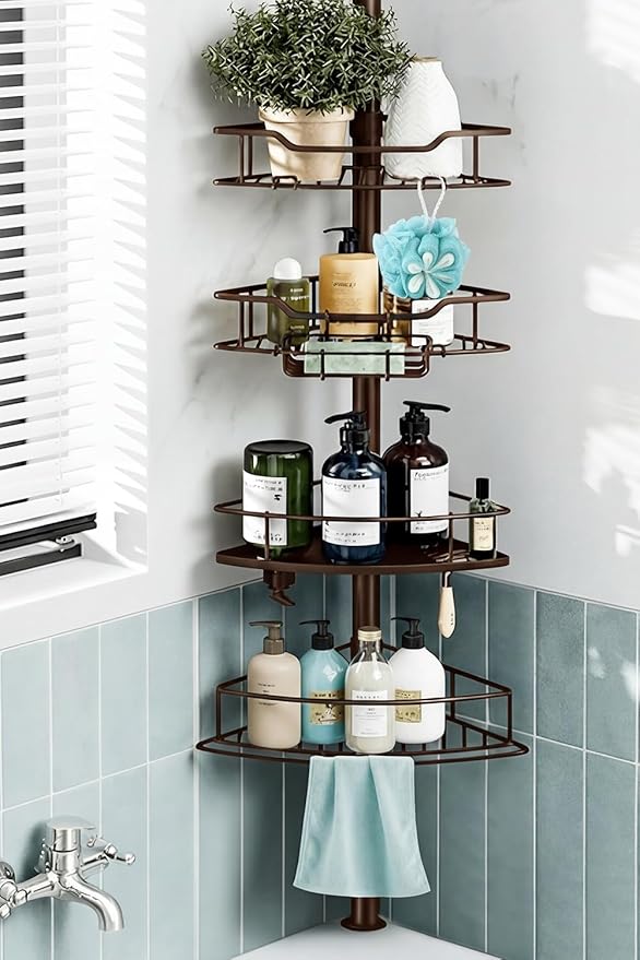 Corner Shower Caddy Tension Pole, 4 Tier Rustproof Shower Tension Rod Organizer, Adjustable 25-125 Inch Bathroom Shower Organizer Shelves for Bathtub Shampoo Storage, Brown by Dimyno