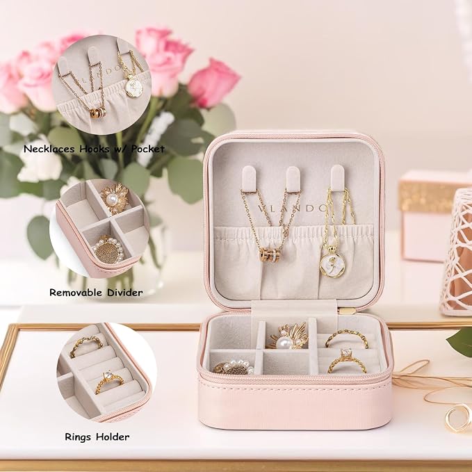 VLANDO Small Faux Leather Travel Jewelry Box Organizer Display Storage Case for Rings Earrings Necklace, Pink - Image 2