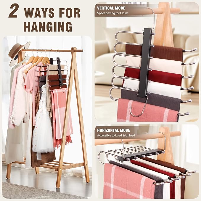 HUITEM 4 Pack 6-Tier Space Saving Pant Hangers, Anti-Slip, Lightweight, Stainless Steel, Black, 6 Pairs Jeans Hangers - Image 3