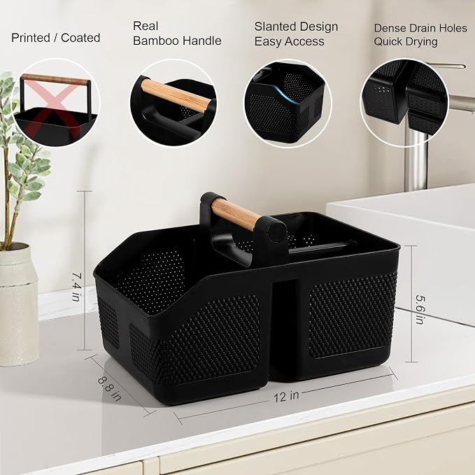 rejomiik Shower Caddy Portable with Bamboo Handle, Plastic Basket Cleaning Caddy Organizer Storage Tote for Bathroom, College, Dorm Room Essentials, Black - Image 2