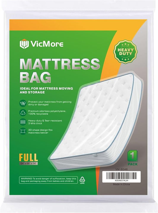 VICMORE Full Size Heavy-Duty 3mil Mattress Bag - Thick Moving Storage Cover - Tear-Resistant Protector