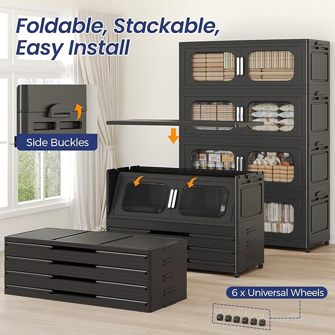 250Gal Extra Large Stackable Storage Bins with Lid & Wheels & Doors, 200QT/50GAL 5-Tiers Collapsible Closet Organizers Plastic Containers Drawers Boxes for Home Kitchen Bedroom, Black