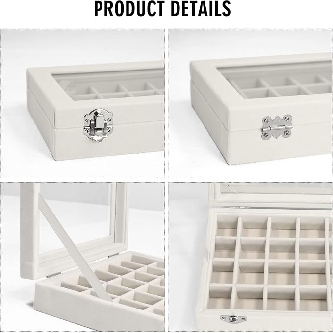 Vicoter Velvet Jewelry Box 24 Grid Jewelry Ring Display Organiser Box Tray Holder Earrings Storage Case for Girls Wife Mom Women (Beige) - Image 4