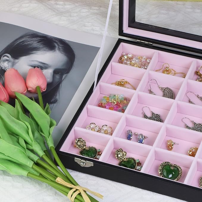 Stratalife Jewelry Organizer Earring Holder Jewelry Tray with Lid Earring Storage Drawer Organizer Earring Ring Storage for Women 30 Grid (Pink Black) - Image 2