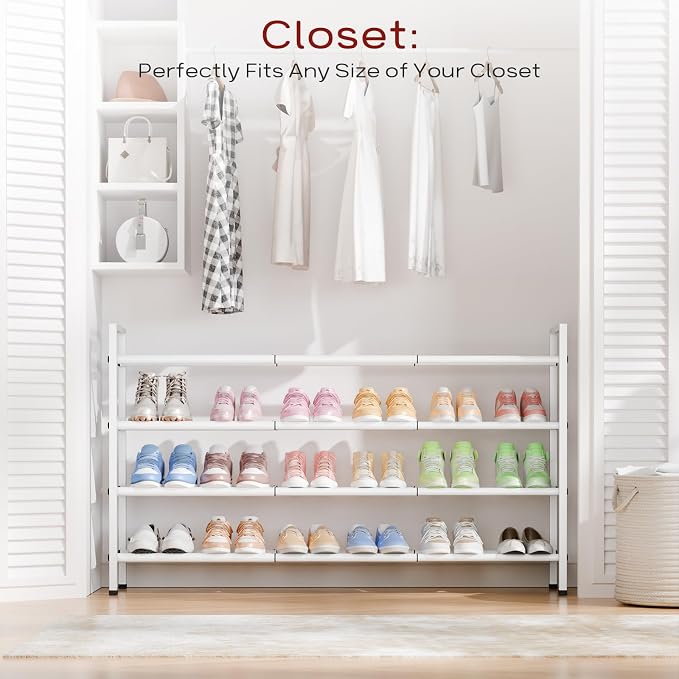 Bumusty 4-Tier Long Expandable Shoe Rack for Closet, 18"-44" Adjustable Shoe Rack for Entryway, 20-24 Pairs Large Shoe Organizer Shelf Storage, Sturdy Metal, White - Image 2