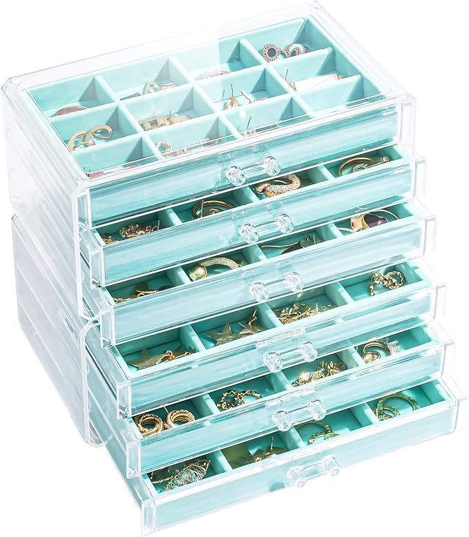 Lolalet Earring Holder Organizer Box Jewelry Storage with 6 Drawers, Clear Acrylic Stackable Earring Case with Adjustable Velvet Trays for Women on Dresser Vanity -Aqua, 6 Layers by Lolalet