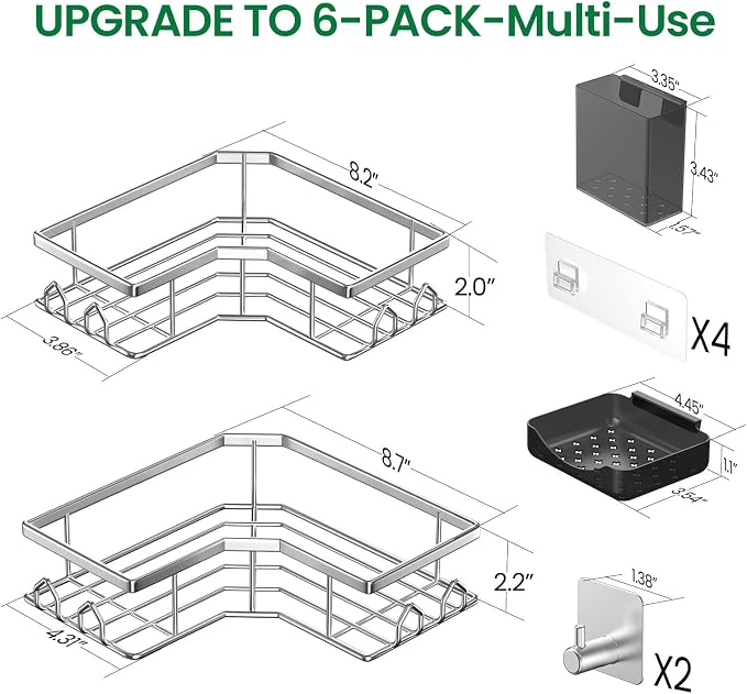 Adhesive Shower Caddy, 6 Pack Corner Bath Organizer, Rustproof Stainless Steel Shower Shelves with Large Capacity, No Drilling Shelves for Bathroom Storage, Home, Kitchen Decor (Silver). - Image 2