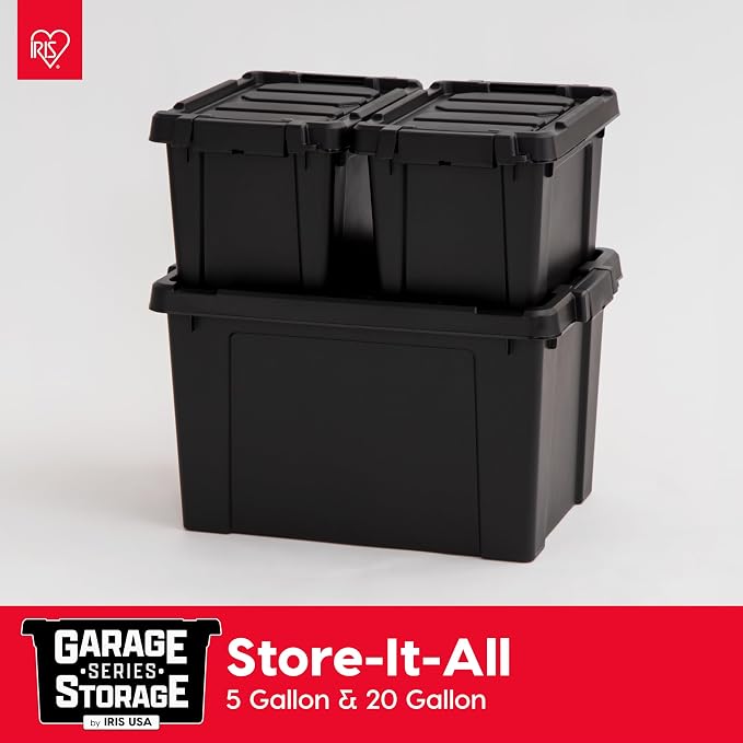 IRIS USA 5 Gallon Lockable Storage Bins with Lids, 6 Pack - Made in USA, Heavy Duty, Stackable Containers, Garage Organizing Bins Moving Tubs, Rugged Sturdy Equipment Utility Box - Black - Image 2