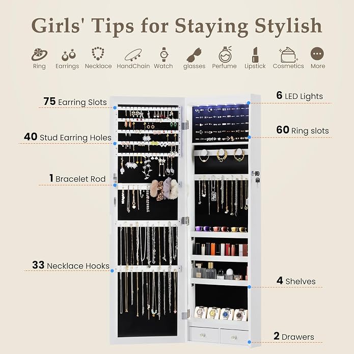 DUMOS 6 LEDs Mirror Jewelry Cabinet, Wall or Door Mounted Jewelry Organizer, 47.2-Inch Tall Lockable Large Capacity Cosmetic Storage, Gift Idea - Image 3