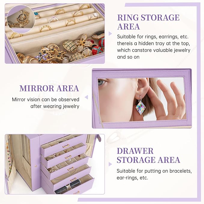 AKOZLIN Extra Large 6-Tier Jewelry Box Organizer Functional Huge, 5 Drawers Leather Jewelry Storage Case for Women Girls Ring Necklace Earring Bracelet Holder Organizer with Mirror Violet - Image 5