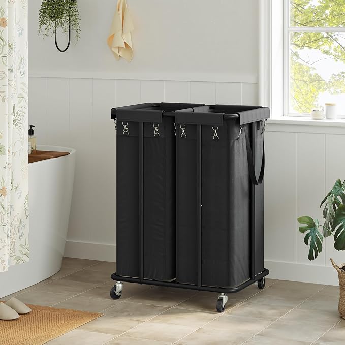 WOWLIVE Double Laundry Hamper with Wheels 170L Rolling Laundry Basket Organizer Laundry Cart with Steel Frame and Removable Bags Large Dirty Clothes Hamper Dorm Room Storage for Bedroom (Black) - Image 3