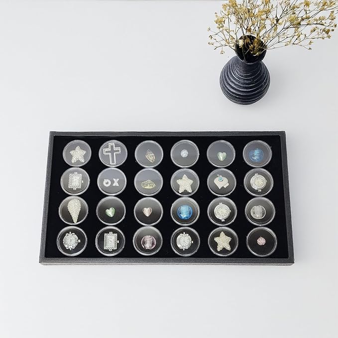 Ikee Design 24 Gem Showcase Stackable Jewelry Display Tray for Collectibles, Rock Storage Box Gemstones Bead Storage Jars, Black Foam, Black Tray, 14 7/8W x 8 3/8D x 1H in - Image 7