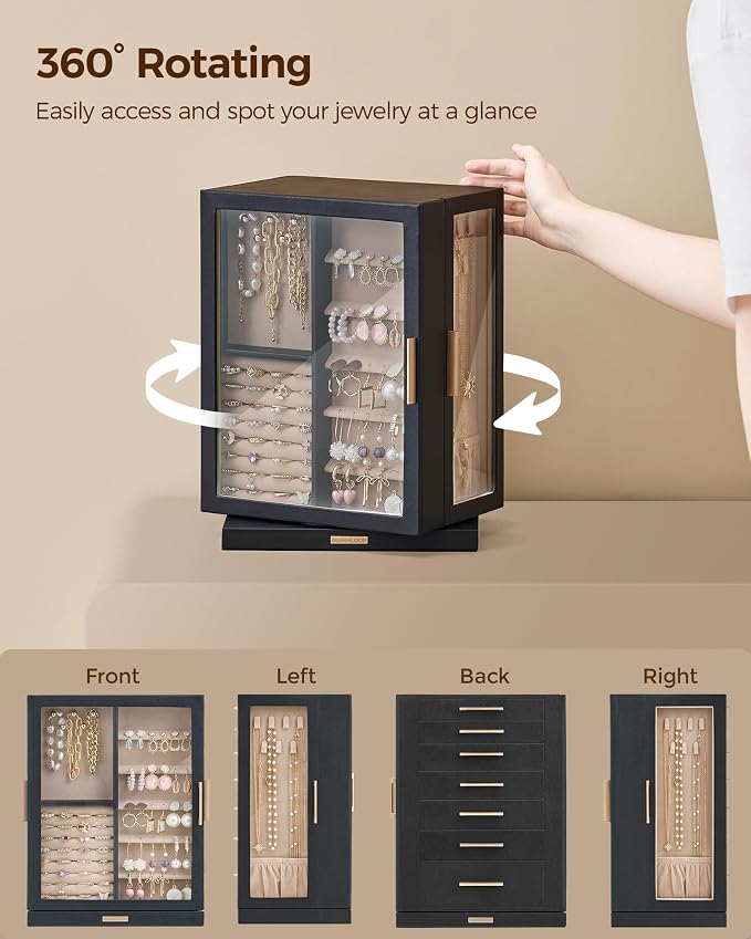 Glimmloop 360° Rotating Jewelry Box with 7 Drawers, Spacious Vertical Jewelry Organizer with Glass Window, Jewelry Storage Case, Dustproof & Moisture-resistant Design, Black - Image 4