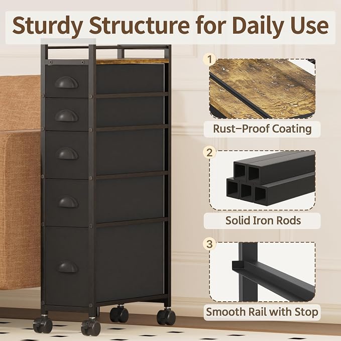 LASZOLA 5 Drawer Narrow Dresser Slim Cabinet Skinny Storage Tower Chest, Ideal for Small Spaces Bathroom, Between Washer and Dryer, Lightweight Mobile on Wheels, Sturdy Fabric Drawers, Black - Image 5