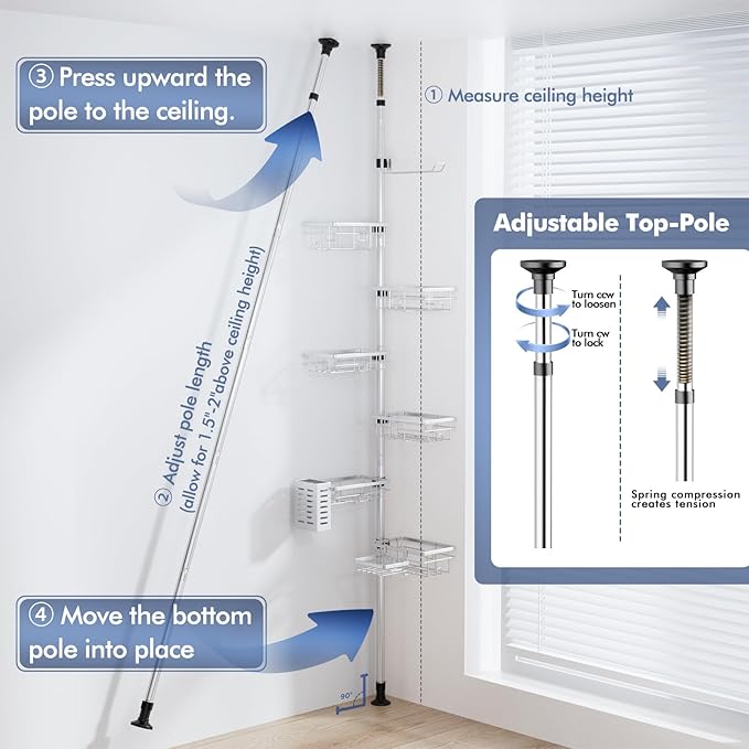 Vatex Shower Caddy Corner Tension Pole, Stainless Steel Rustproof 6 Shelves Bathroom Organizer with Towel Bar & Toothbrush Holder, Adjustable Shower Shelf for Renters - Family Stand Storage Rack - Image 5