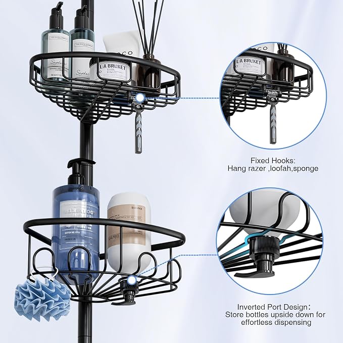 Corner Shower Caddy Tension Pole: Stainless Steel Rustproof 4-Tier Shower Organizer - 47-121 inch Adjustable Bathroom Shelves for Bathtub Shampoo Storage - Tension Rod Floor Standing Bath Rack - Black - Image 6