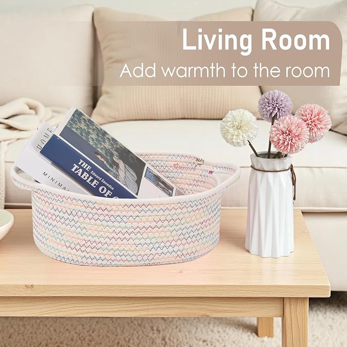 JMvicyroam Woven Basket,Small Rope Storage Bin with Handles & Ribbon Bag, Organizer for Shelves Closets,Gift Basket Empty for Birthday,Books,Dog Toys, Colorful/2 Pack - Image 7