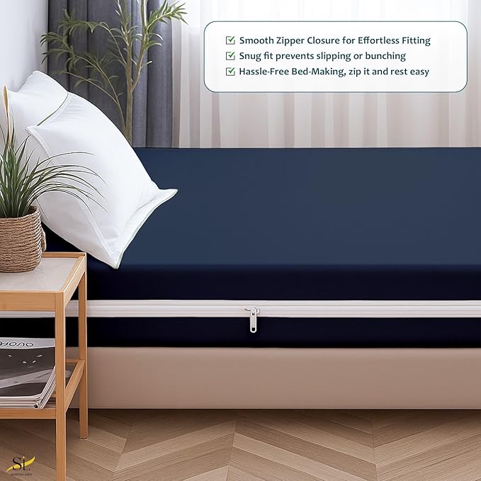 Mattress Protector Twin Size 100% Waterproof Zippered Cover, 15 Inches Deep, Six-Sided Mattress Encasement for Bed, Zipper Closure Style (Navy Blue)