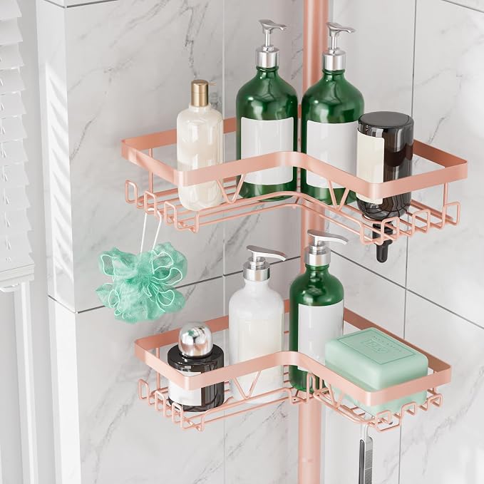 DAOYA Corner Shower Caddy Tension Pole - 4‑Tier Adjustable Shower Shelf Organizer Space‑Saving Bathroom Storage for Bathtub or Floor, Apricot - Image 2