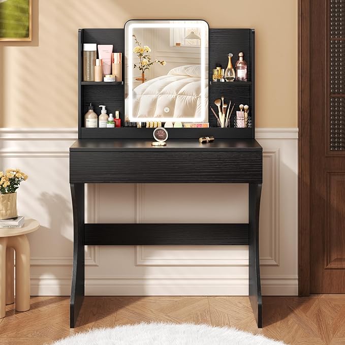 Small Vanity Desk with Mirror and Lights, Makeup Vanity with Storage Drawer, 2 Shelves and 3 Compartments - Black