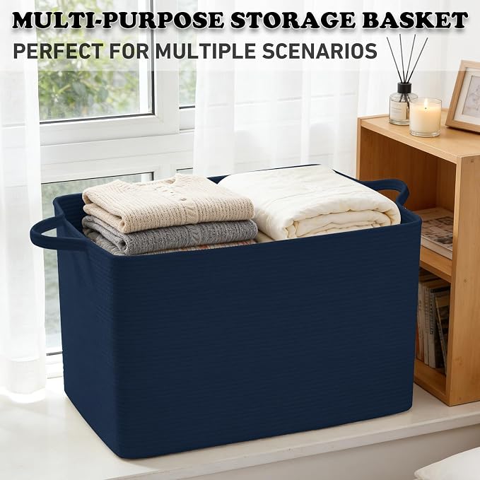 Large Blanket Basket,Woven Rope Basket Storage Bin with Handles,65L Rectangle Laundry Basket for Magazines,Toys,Clothes,Newspaper Shelf Organization,Nursery and Living Room,Navy - Image 6