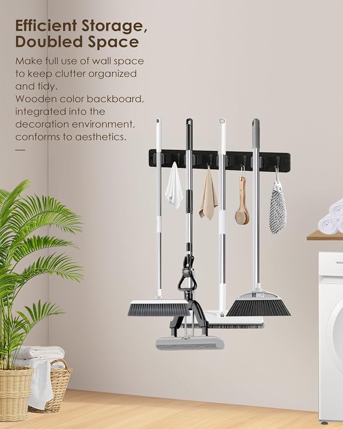 AceMining Broom Holder Wall Mounted, Black 4 Holders and 4 Hooks Mop Holder, Wooden Mop and Broom Holder with Anti slip rubber, Natural pine wood Brush Holder, Mop Wall Holde with Nail installation - Image 5