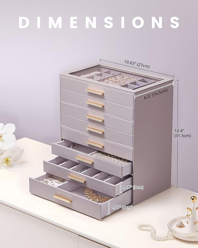 Lolalet Jewelry Box Organizer, 8-Layer Jewelry Organizers and Storage Case with Glass Lid, Ring Earring Bracelet Necklace Holder Organizer, Birthday Valentine Gifts for Women Girls -8Layer, HazePurple - Image 3