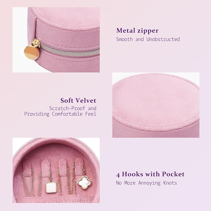 CONBOLA Travel Jewelry Case Small Jewelry Box for Women Girls,Round Velvet Mini Jewelry Travel Organizer,Portable Jewelry Box for Rings Earrings Necklaces Bracelets.(Pink,Small) - Image 2