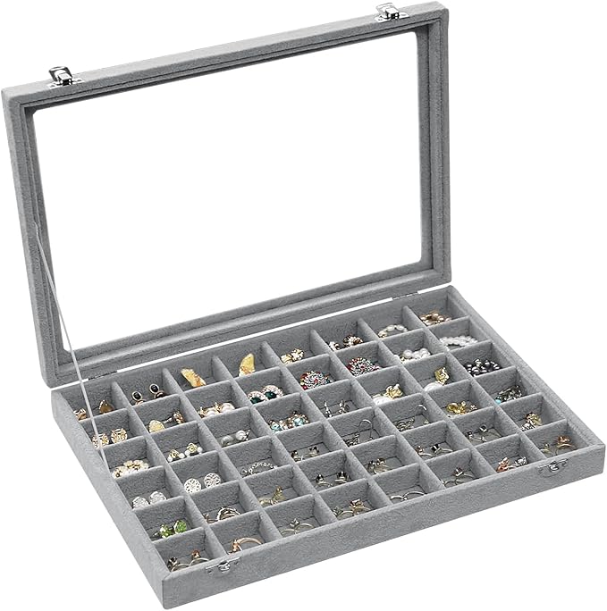 Stratalife Jewelry Organizer 48 Grid Jewelry Trays with Dust-proof Lid Velvet Earring Organizer Ring Holder Accessories Box Necklaces Earrings Storage for Women Drawers Gray by Stratalife