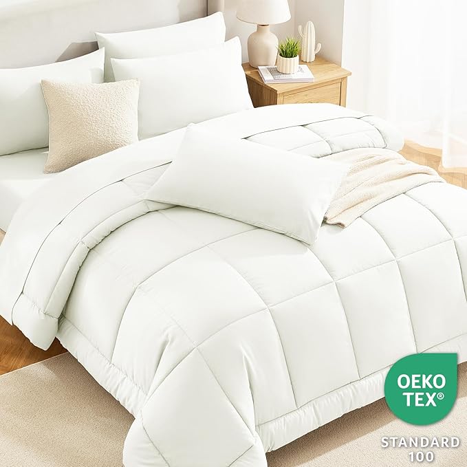 CozyLux King Size Comforter Set Ivory, 7 Pieces Bed in a Bag, Ivory Comforter King Size, Bedding Sets with All Season Quilted Comforter, Flat Sheet, Fitted Sheet, Pillowcases
