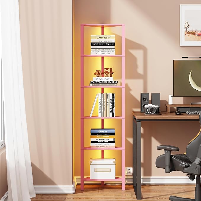 TUTOTAK Corner Shelf with LED Light, 6-Tier Corner Bookshelf for Small Space, Narrow Display Corner Shelf Stand with Storage Rack, for Living Room, Bedroom, Pink BS05BP006L by ChoosetutotakFurnitureBuildYourCozyHome