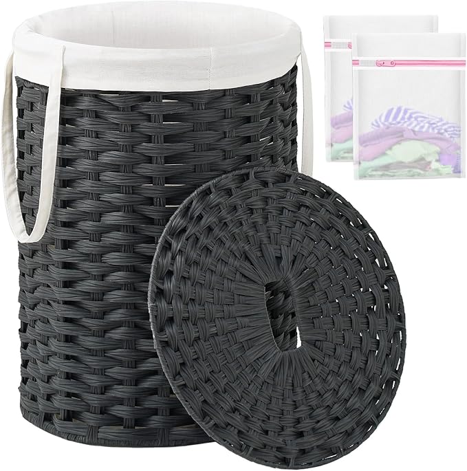 SETVSON Laundry Hamper with Lid Laundry Basket with Lid 19.0 Gal (72 L) Round Wicker Laundry Basket Handwoven Rattan Basket with Lid Removable Bag 2 Mesh Bags Handles for Living Room Bathroom Black by SETVSON
