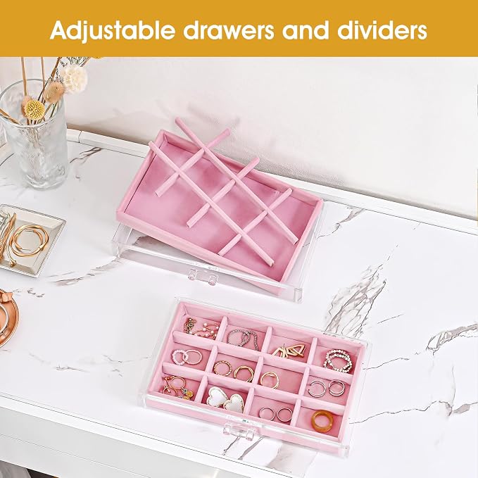 ProCase Earring Holder Organizer Jewelry Box with 5 Drawers, Acrylic Clear Earring Case with Adjustable Velvet Trays for Women - Pink, 5 Layers - Image 2