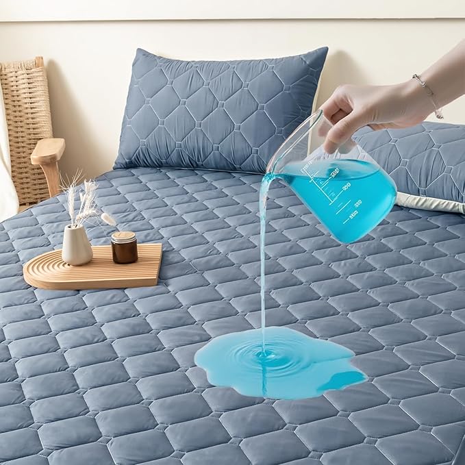 Waterproof Mattress Protector King, 18” Deep Pocket King Mattress Topper+2pcs Pillow Cases - Leakproof, Oeko-TEX Certified, Breathable & Noiseless,Machine Washable (Blue)