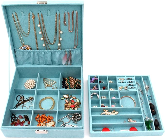 Two-Layer lint Jewelry Box Organizer Display Storage case with Lock (Blue) - Image 3