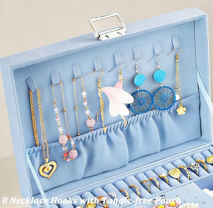 QBestry 3-Layer Jewelry Box for Girls & Teens with Lock and Key, Large Jewelry Organizer with 8 Necklace Hooks & 56 Earring Holes, Blue Velvet Jewelry Storage Box for Necklaces Earrings Rings Bracelet - Image 5